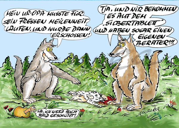 Wölfe - ein kritischer Cartoon von MARKA DESIGN Cuxhaven